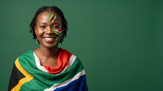 Proud South African woman with face painted in national colors and draped in the flag, smiling against a green studio background