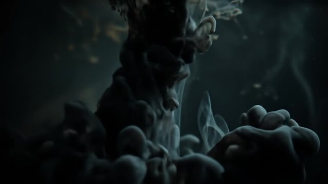 Black ink diffuses in water creating swirling shapes against a dark muted background