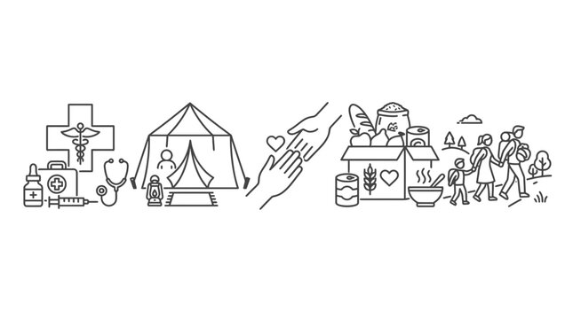 Humanitarian Aid and Support Line Art Icons: Medical, Shelter, Food, and Community