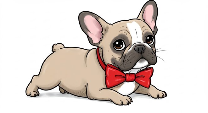 Adorable French Bulldog puppy in red bow tie lying down cute cartoon vector illustration playful pet art. AI Generated
