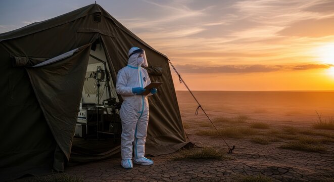 A medical worker in hazmat gear walks through a misty decontamination area at sunset outside a tent.
