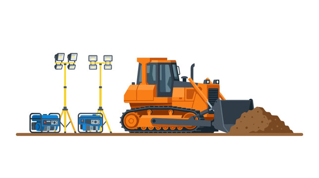 Heavy Construction Equipment Set featuring orange bulldozer, portable generators, and light towers, ideal for construction industry presentations and industrial safety training.