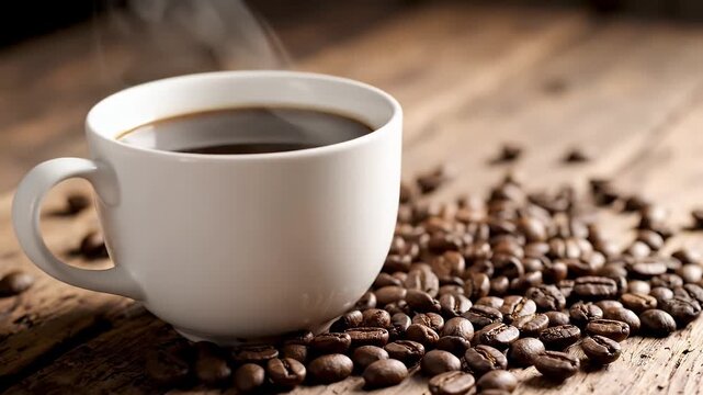 Steaming White Mug Of Hot Black Coffee Surrounded By Roasted Coffee Beans On A Rustic Wooden Table