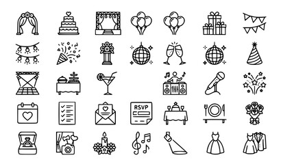 Fototapeta premium Event celebration icons vector thin line wedding party planning set