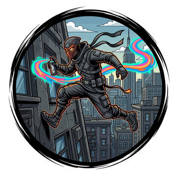 Ninja jumping through city with magic.