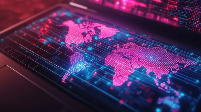 Laptop screen displays holographic world map with global network connections in pink and blue neon lights on dark background