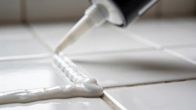 A close-up view shows a white sealant being applied to the gaps between tiles for home renovation.