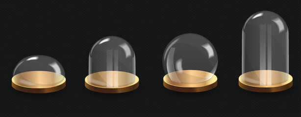 Transparent glass domes with golden bases in various sizes shown in clean graphic style on dark background, concept of protection and display. Vector illustration © 100% HAND-CRAFTED