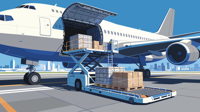 Cargo airplane being loaded with boxes on a lift at an airport tarmac with city skyline in the background.