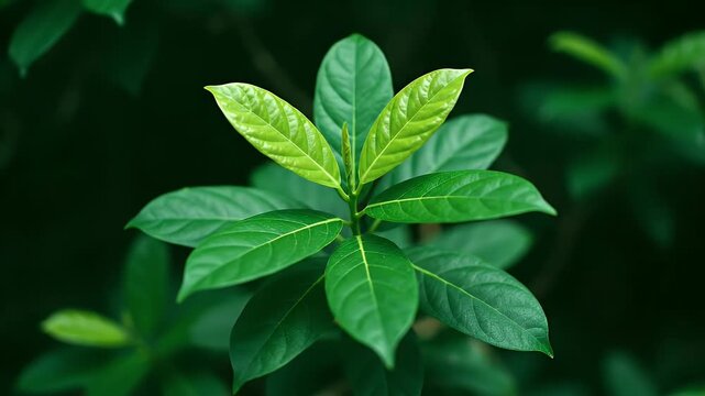 Vibrant Green Plant Leaves with Soft Natural Lighting and Dark Background Bokeh