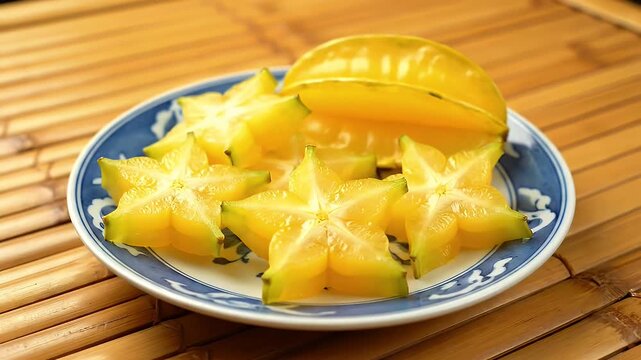 Whole And Sliced Star Fruit Served On A Blue Rimmed Plate With A Bamboo Background