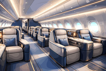 Fototapeta premium Luxurious first-class cabin interior of a modern airplane with spacious seating and ambient lighting.