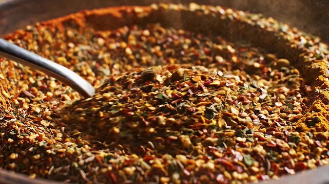 Spice blend being mixed in close up shot