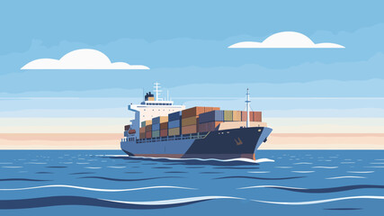 A large cargo ship carrying many containers sails across the blue ocean under a bright sky with scattered clouds. © Tukujajan