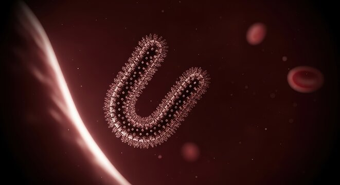 Detailed macro shot captures extreme photorealistic view of bacteria cell in bloodstream environment with red blood cells floating around it