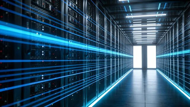 A high-tech server room with glowing blue data streams moving rapidly through the storage aisles.