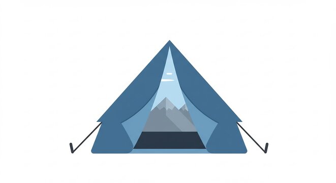 Vibrant blue camping tent with open flap revealing an abstract snowy mountain vista inside modern vector artwork illustration. AI Generated