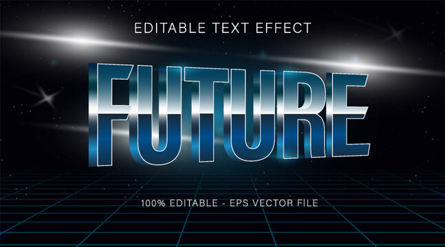 Bold futuristic text effect with glowing metallic style on a dark starry background, presenting a concept of technology and innovation. Vector illustration