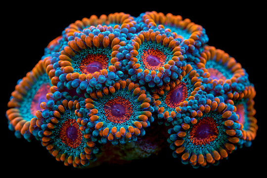 fluorescent blue and orange zoanthid coral colony