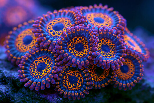 fluorescent blue and orange zoanthid coral colony