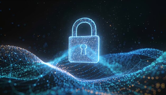 Cybersecurity data protection digital padlock network security abstract wave data encryption technology background secure connection information safety cyber defense glowing padlock digital lock