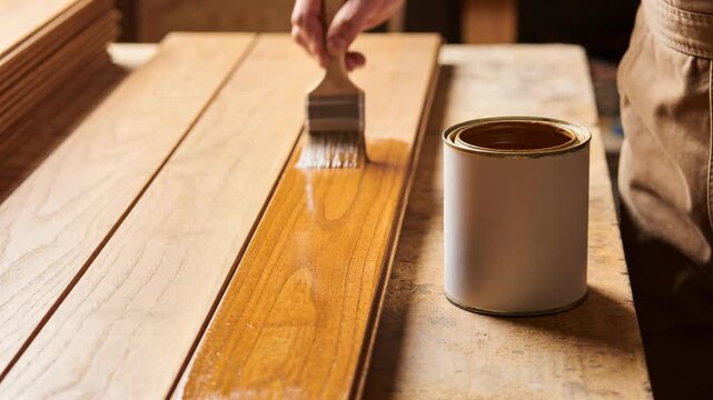 A skilled carpenter applies a smooth coat of protective wood stain onto a polished wooden plank.