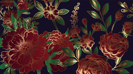Obraz premium Red and gold floral pattern in decorative style on a dark background, symbolizing elegance, luxury, and nature themed beauty for design concepts. Vector illustration