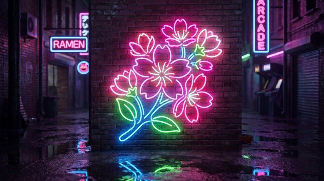 Neon flowers glow on a brick wall at night in city