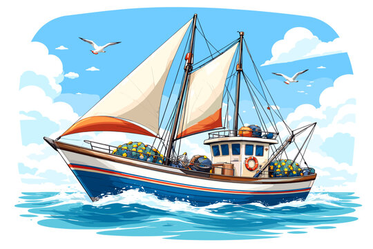 A vibrant illustration of a fishing trawler sailing on a bright blue sea under a cloudy sky with seagulls flying.