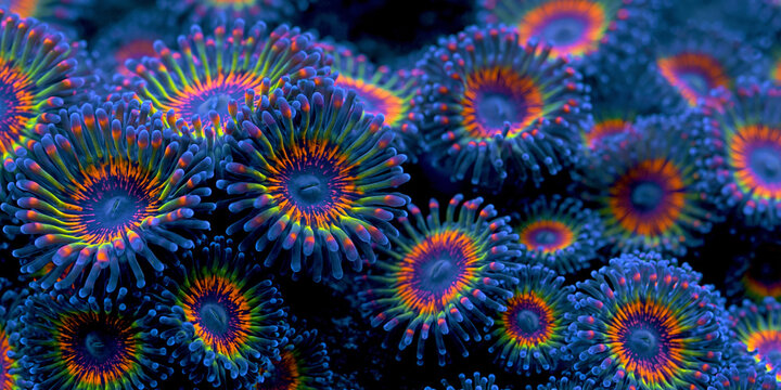colourful fluorescent zoanthid coral background