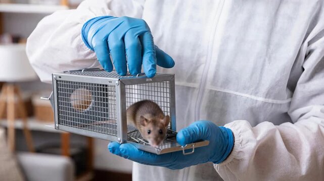 A pest control worker wearing a white suit and blue gloves holds a metal trap with a live rat inside.