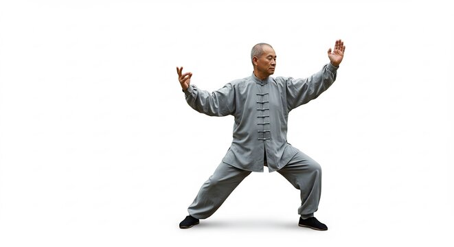 Graceful senior man practicing balanced martial arts movements bathed in bright soft light. AI Generated