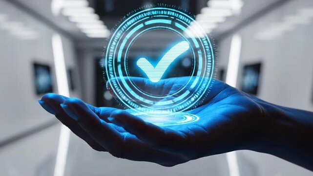 A hand holding a glowing blue checkmark.