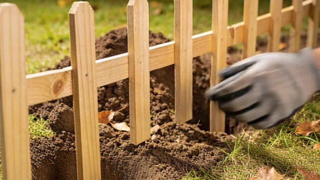 A gardener in work gloves installs a small wooden picket fence in a hole dug in the garden soil.