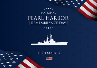 A warship silhouette with patriotic flags in a clean graphic style on a dark blue starry background, expressing national remembrance and honor. Vector illustration © 100% HAND-CRAFTED
