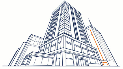 Fototapeta premium Modern High-Rise Building Sketch with Crane Line Art Illustration for Urban Architecture and Construction Design