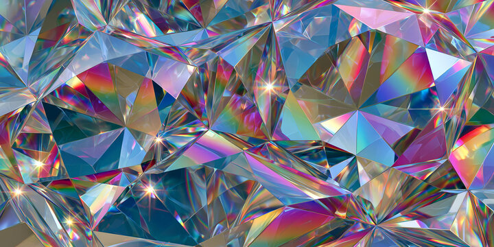 A luxurious abstract panoramic background texture with crystal facets that reflect dazzling light and a rainbow prism effect