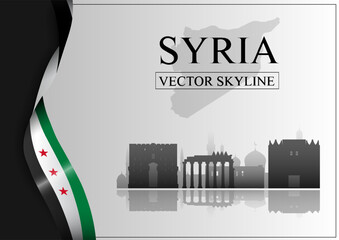Obraz premium Syria skyline silhouette with national ribbon in clean graphic style on light gradient background, symbolizing culture and heritage. Vector illustration