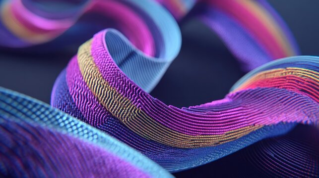 Abstract, flowing, textured ribbons display vibrant, shimmering colors in  detail.