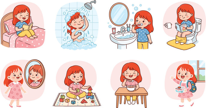 Cute Cartoon Girl Daily Routine Activity Set with Sleeping, Showering, Brushing Teeth, Playing, Eating, and Going to School Scenes