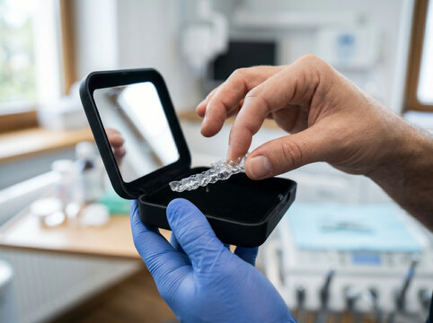 Dentist holding case while patient takes clear orthodontic aligner