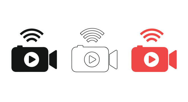 Three colorful video camera icons with wireless signal symbols representing video recording and streaming technology