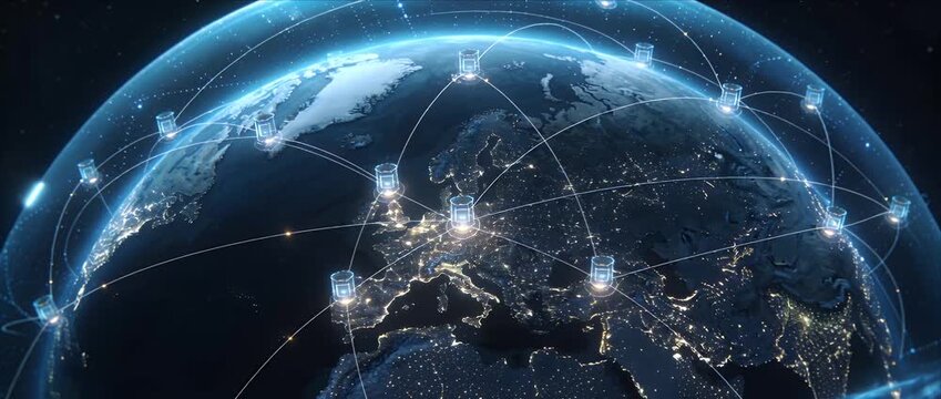Global network data center digital connection around earth planet night technology Europe internet cloud computing communication infrastructure global data network connection and secure digital globe