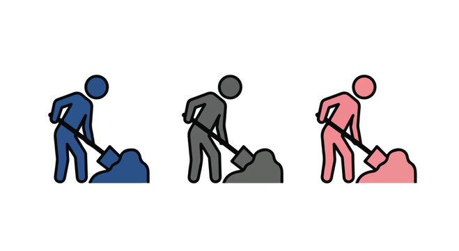 Three stylized human figures in different colors bending over to pick up a bag or object on the ground