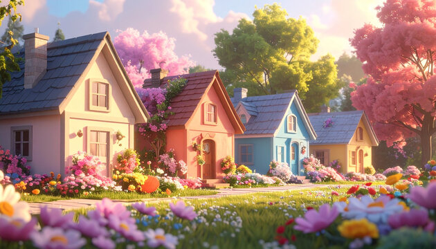 Colorful houses surrounded flowers spring