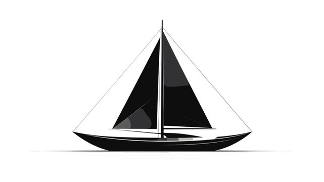 A sleek, modern sailboat with black sails and a dark hull, presented in a clean, minimalist studio setting against a stark white background.