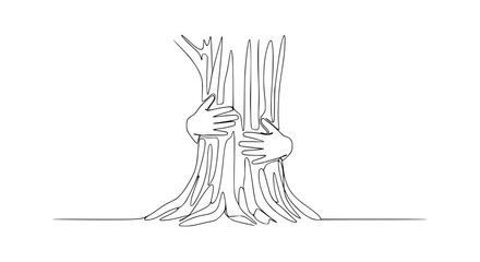 Hands Hugging Tree Trunk - Continuous Line Drawing, Nature Love Concept © Azizi
