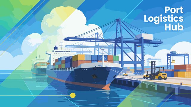 A large container ship is docked at a port, being loaded by cranes and a forklift, symbolizing a busy port logistics hub.
