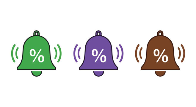 Three colorful alarm clocks with percentage symbols on their faces, symbolizing time and savings concepts