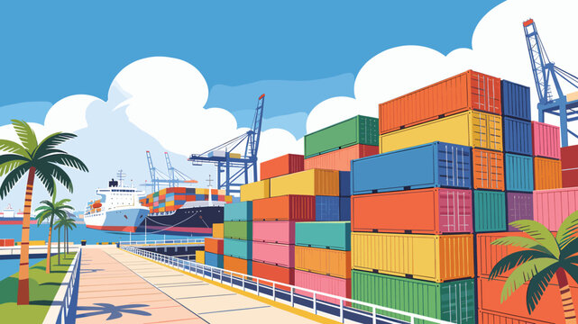 A vibrant illustration of a busy shipping port with colorful cargo containers stacked high, cranes, and ships docked at sea under a bright blue sky with fluffy clouds.
